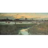 20th Century English School. A River Landscape with a Drover and Cattle on a Misty Morning, Oil on