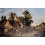 Georgina Lara (act.1840-1880) British. A Farmyard Scene with Figures with Horses and Carts, Oil on