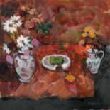 Donald Manson (1948 ) British. "Still Life with Flowers", Mixed Media, Signed, and Inscribed on