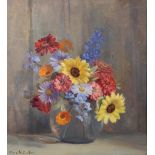 Nora H Cullen (20th Century) British. Still Life of Flowers in a Glass Vase, Oil on Canvas,