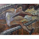 Elsie Marian Henderson (1880-1967) British. "The Hurdlers", Oil on Board, Signed, 17" x 21".