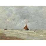 Leopold Schonchen (1855-1935) German. A Coastal Scene with Moored Vessels, Oil on Panel, Signed,