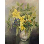 K... Jones (20th Century) British. Daffodils and Spring Flowers in a Patterned Jug, Oil on Canvas,