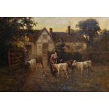 Harold Swanwick (1866-1929) British. "Feeding the Calves", Two Young Girls feeding Calves by a