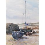 Sue Lewington (1956 ) British. Boats on a Beach at Low Tide, possibly Scilly Isles, Watercolour,