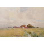 Max Ludby (1858-1943) British. A River Landscape, with Sheep Grazing and Cottages in the distance,