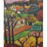 Helene Martin (1918-1995) French. A Village in a Landscape, Oil on Canvas, Inscribed on stretcher,