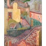 20th Century Continental School. A Tree Top View with a Lady by a Doorway, Oil on Canvas,