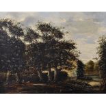 17th Century Dutch School. A Hunter and His Hound in a Wooded Landscape, Oil on Canvas, 18" x 14".