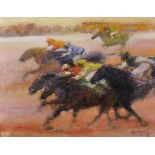 Jean Volang (1921-2005) Vietnamese. Horse Racing, Oil on Canvas, Signed, 28.75" x 36".