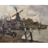 Eugene Dekkert (1865-1956) German. Figures on a Quayside with a Windmill in the distance, and Barges