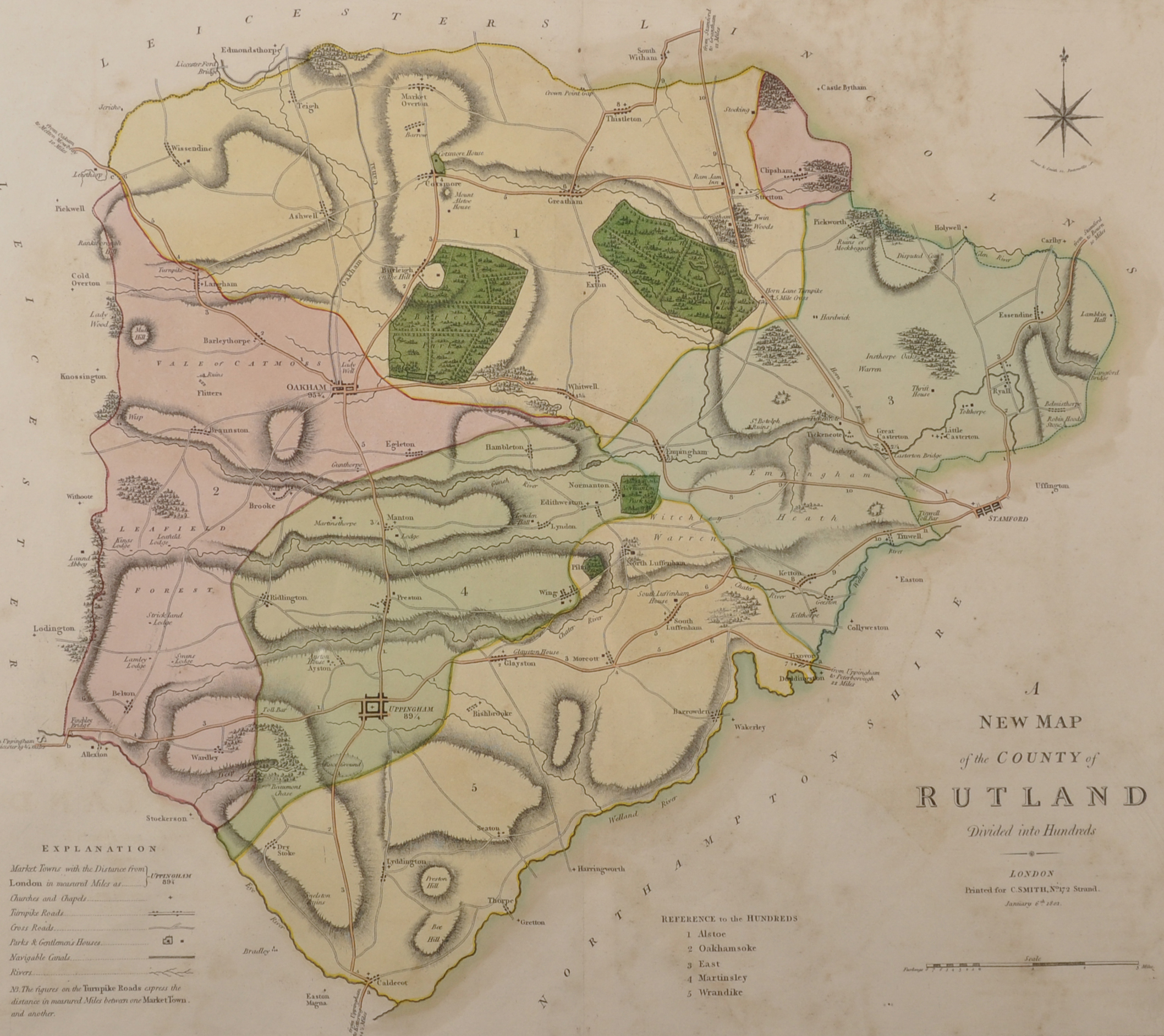 Charles Smith (18th-19th Century) British. "A New Map of the County of Rutland", 1801, Engraved Map,