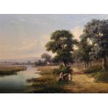 Walter Heath Williams (1835-1906) British. A River Landscape with a Man Fishing and Two Children