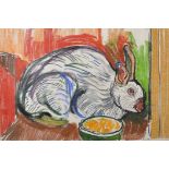 John Randall Bratby (1928-1992) British. "Mopsy", A Rabbit by a Bowl of Food, Pastel, Signed and