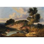 19th Century English School. A River Landscape with a Figure crossing a Bridge, Oil on Canvas, 11" x