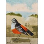 Mary Fedden (1915-2012) British. "Rock Bunting", a Bird Sitting on a Wall with a Beach and Sea in