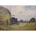 Circle of Fred Hall (1860-1948) British. A Hay Cart beside a Stack, Oil on Paper, Unframed, 7" x