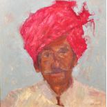 Charles Rodwell (1955- ) British. "Man in a Red Turban, Samode Palace, Rajasthan", Oil on Board,