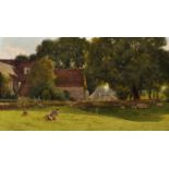 19th Century English School. A Family Sitting in a Meadow with Sheep in the Shade of a Tree, Oil