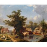 Early 19th Century English School. A Farm Scene with Cattle, and Two Figures by a Tree, Oil on