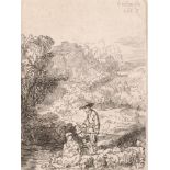 After Rembrandt van Rijn (1606-1669) Dutch. Figures in a River Landscape, a reverse Etching, 3.75" x