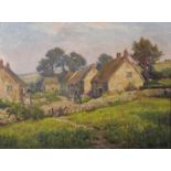 Frederick Golden Short (1863-1936) British. A Village Landscape with Figures and a Cart by Cottages,
