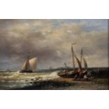 V... Hardie (19th - 20th Century) British. A Coastal Scene, with Figures by Beached Boats in the