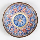 A 19TH CENTURY PERSIAN QAJAR CIRCULAR ENAMEL COPPER DISH, the front decorated with eight young