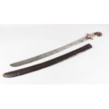 A 19TH CENTURY ARAB SWORD, with silver mounts, rhino handle and leather sheath, 87cm long.