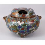 A LARGE CLOISONNE ENAMEL BRONZE CENSER AND COVER, with lion handles, pierced heart shaped holes in