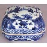 A CHINESE MING STYLE BLUE & WHITE PORCELAIN BOX & COVER, of square section with indented corners,