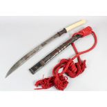 A 19TH CENTURY BURMESE IVORY HILTED SILVER MOUNTED DHA SWORD, with metal scabbard and rope, 84cm