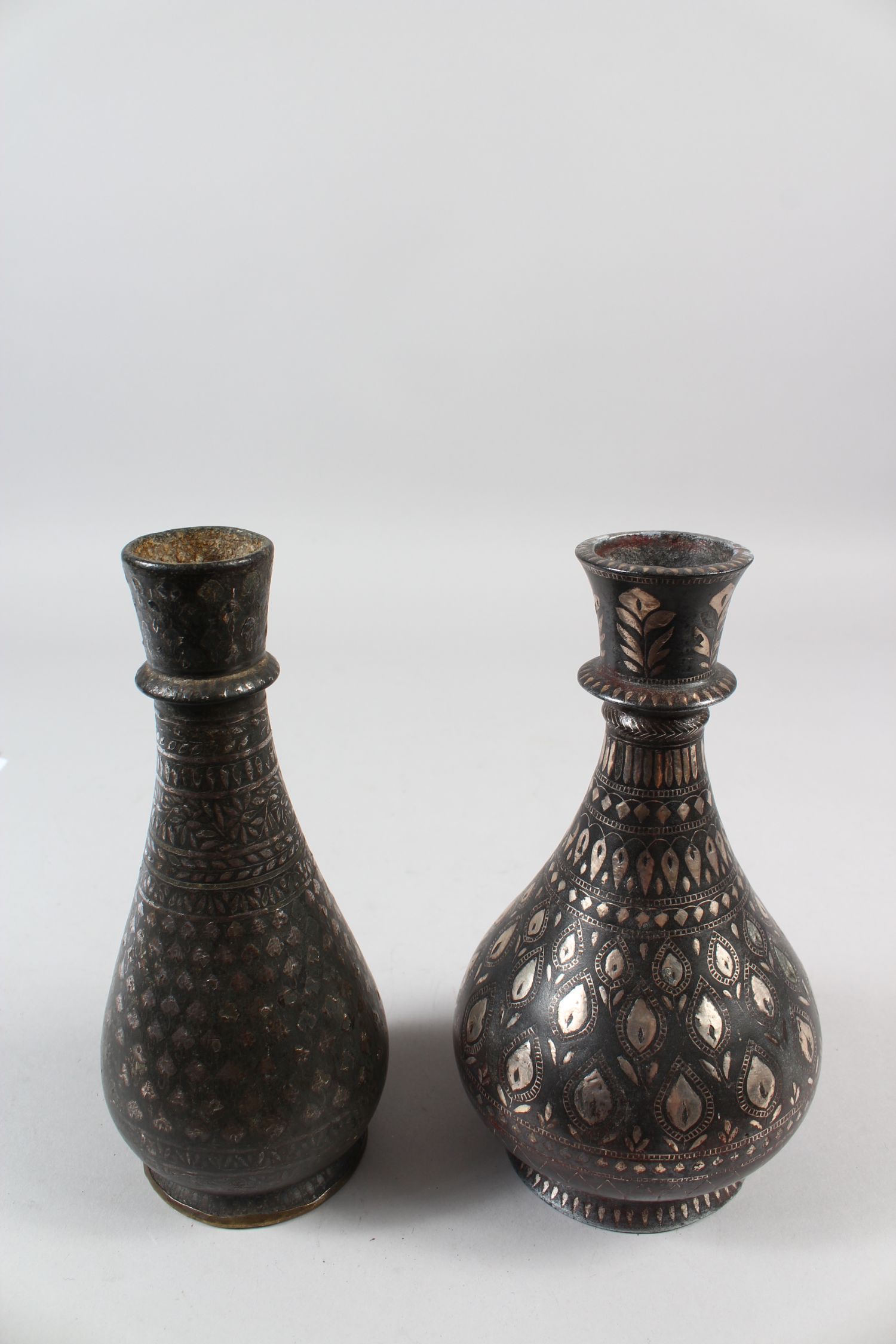 TWO EARLY 19TH CENTURY INDIAN BIDRI SILVER INLAID HUQQA BOTTLES, 20cm high. - Image 2 of 9