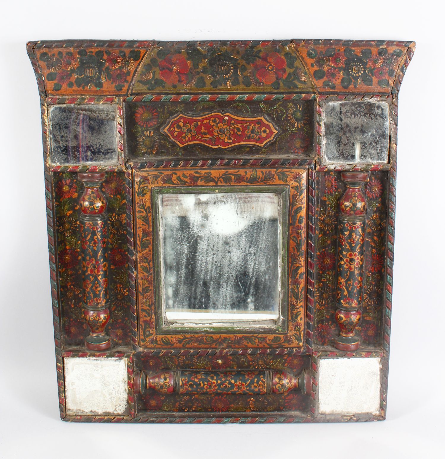 A 19TH CENTURY PERSIAN QAJAR HAND PAINTED WOODEN MIRROR, with central mirrored panel, four mirrors