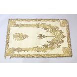 A 19TH CENTURY OTTOMAN TURKISH GILT THREAD EMBROIDERED FELT BLANKET, 148cm x 92cm.