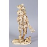 A GOOD JAPANESE CARVED IVORY OKIMONO, man stood with flowers in a basket on his back, rake in one