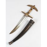 A LATE 19TH CENTURY INDIAN KHANJARLI DAGGER, with brass handle, 38cm long.