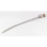A 19TH CENTURY INDIAN SILVER HILTED TULWAR SWORD, 86cm long.
