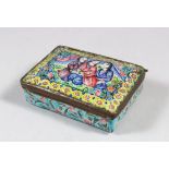 AN 18TH-19TH CENTURY PERSIAN QAJAR ENAMEL BOX AND COVER, the lid painted with three girls, 9cm long,