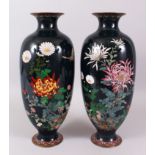 LARGE PAIR OF DECORATIVE JAPANESE CLOISONNE VASES, an unusual dark blue/green ground, decorated with