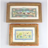 TWO 20TH CENTURY PERSIAN QAJAR PAINTINGS, on ivory in mosaic frames, images 9cm x 20cm and 12cm x