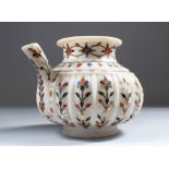AN 19TH CENTURY INDIAN AGRA PIETRA DURA ALABASTER EWER, of bulbous form with inlaid panels of