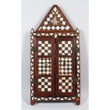 AN 18TH-19TH CENTURY OTTOMAN MOTHER OF PEARL AND HORN INLAID FOLDING TRIPTYCH MIRROR, 60cm long,