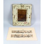 A 19TH CENTURY ISLAMIC PERSIAN REVERSE GLASS PAINTED PANEL with calligraphy, 17cm x 12cm and a two-