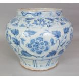 A LARGE CHINESE YUAN STYLE BLUE & WHITE PORCELAIN JAR, decorated with bands of formal scrolling