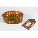 AN INDO PERSIAN 19TH-20TH CENTURY KASHMIRI HAND PAINTED PAPIER MACHE SHAPED BOX AND COVER, 20cm long