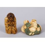A JAPANESE IVORY NETSUKE WOMAN WITH MOVEABLE HEAD another of HOTEI (2).