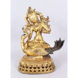 A GILT BRONZE GOD ON A DUCK. 30cm high.