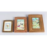 THREE PERSIAN PAINTINGS in mosaic frames.