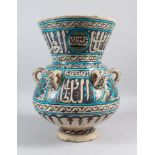 A 19TH CENTURY DAMASCUS STYLE POTTERY MOSQUE LAMP OF MAMLUK FORM, with one handle, notch and